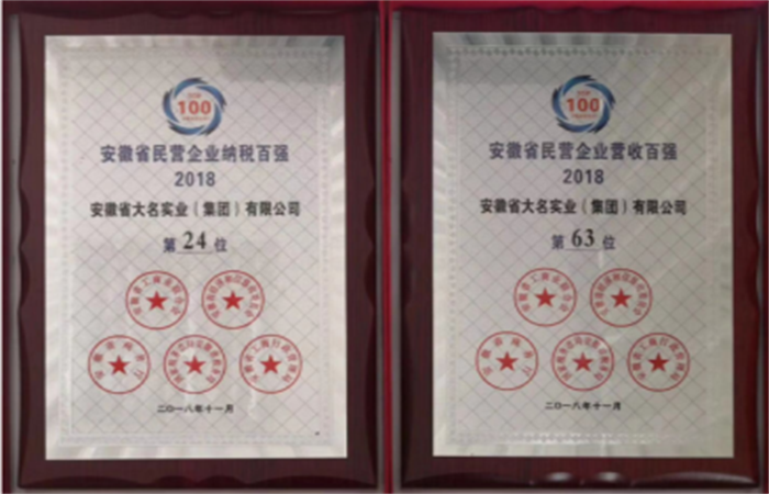 2018年安徽省民營(yíng)企業(yè)百?gòu)?qiáng)，安徽省大名實(shí)業(yè)（集團(tuán)）有限公司榜上有名
